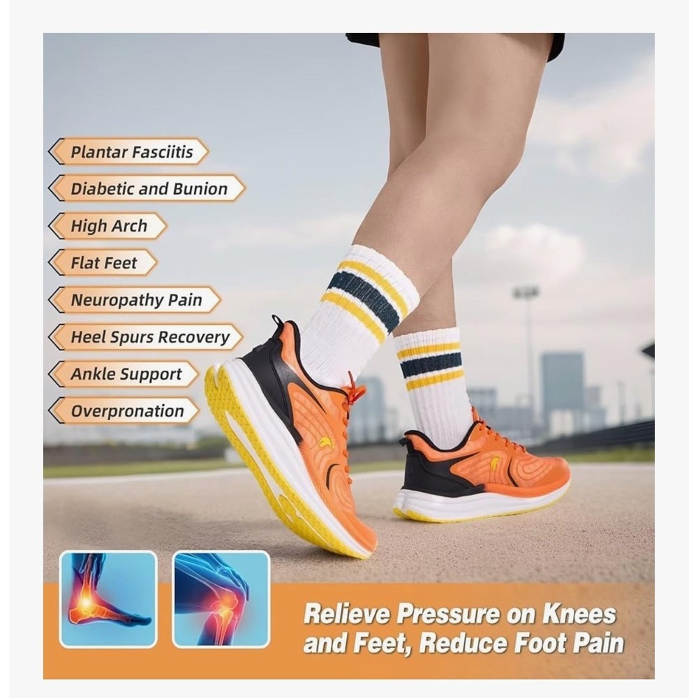 Mens Orange Running Orthopedic Shoes Mesh Fabric Arch Support Non Slip Size 8 - Picture 4 of 10